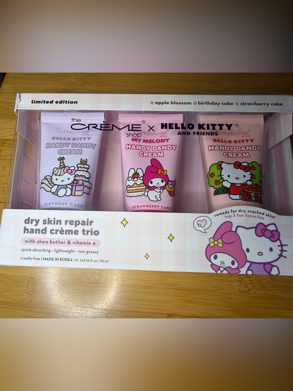 The Crème Shop x Hello Kitty Hand Cream Trio 3x50ml Shea Vit E Dry Skin